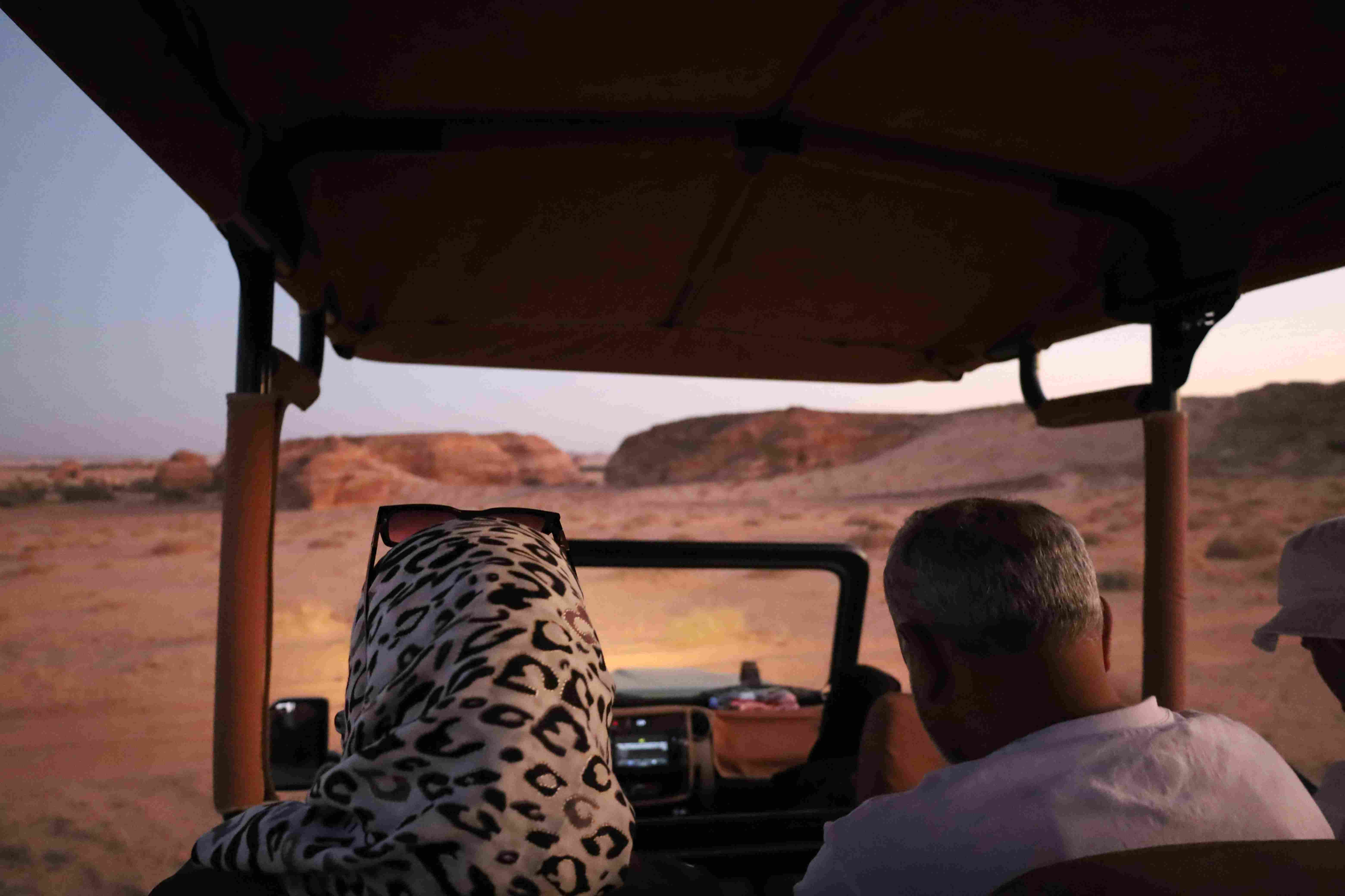 Vehicle tracks across broad plateau dunes